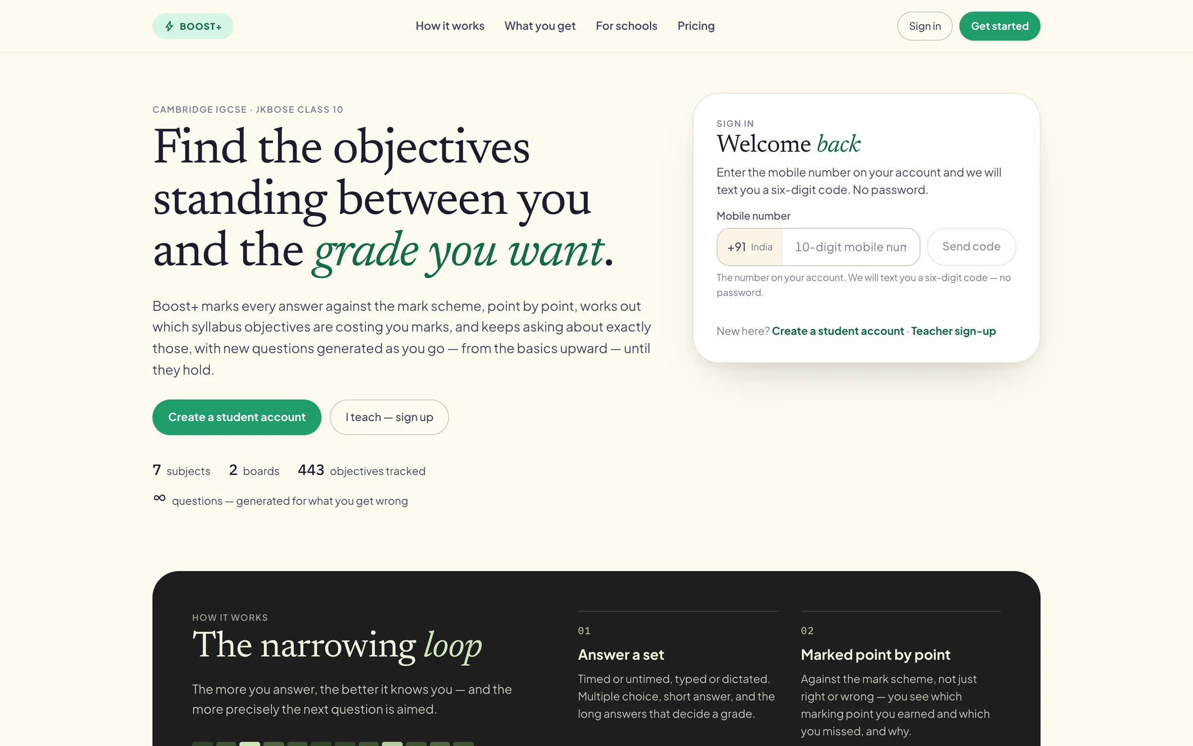 Boost+ home page: 'Find the objectives standing between you and the grade you want', with counts of 7 subjects, 2 boards and 443 objectives tracked, and a mobile-number sign-in card.