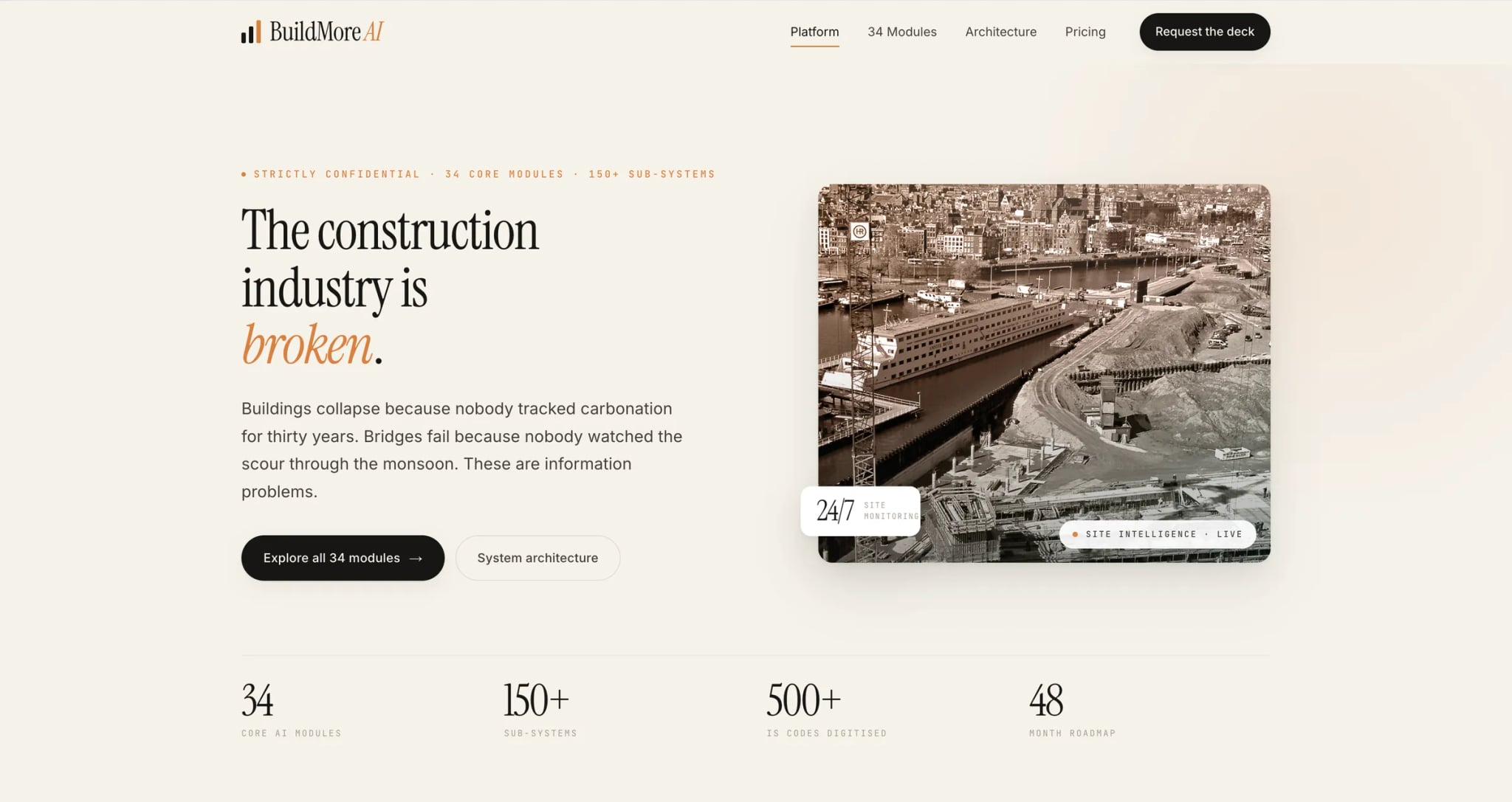 BuildMore AI home page: 'The construction industry is broken.' with a site photograph and counters for 34 core AI modules, 150+ sub-systems, 500+ IS codes digitised and a 48-month roadmap.