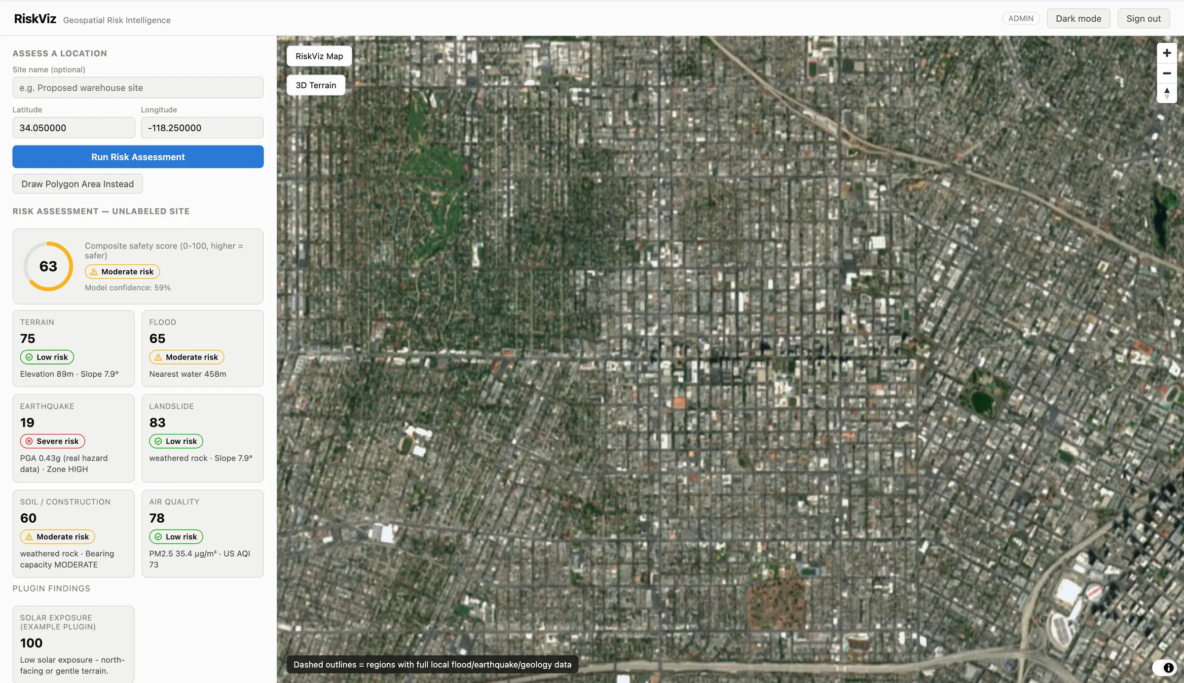 RiskViz assessment panel beside satellite imagery: composite safety score 63 (moderate risk), with terrain, flood, earthquake, landslide, soil/construction and air-quality layer scores.