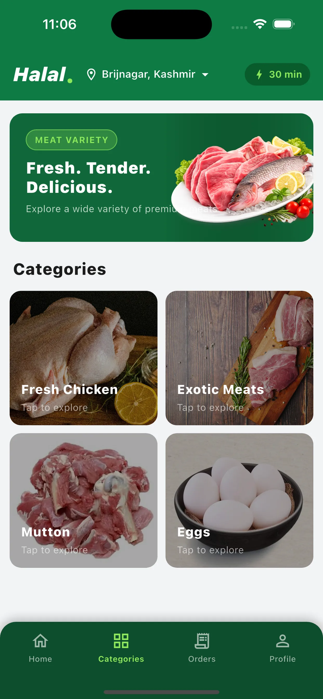 Halal Nation categories screen with photographic tiles for Fresh Chicken, Exotic Meats, Mutton and Eggs.