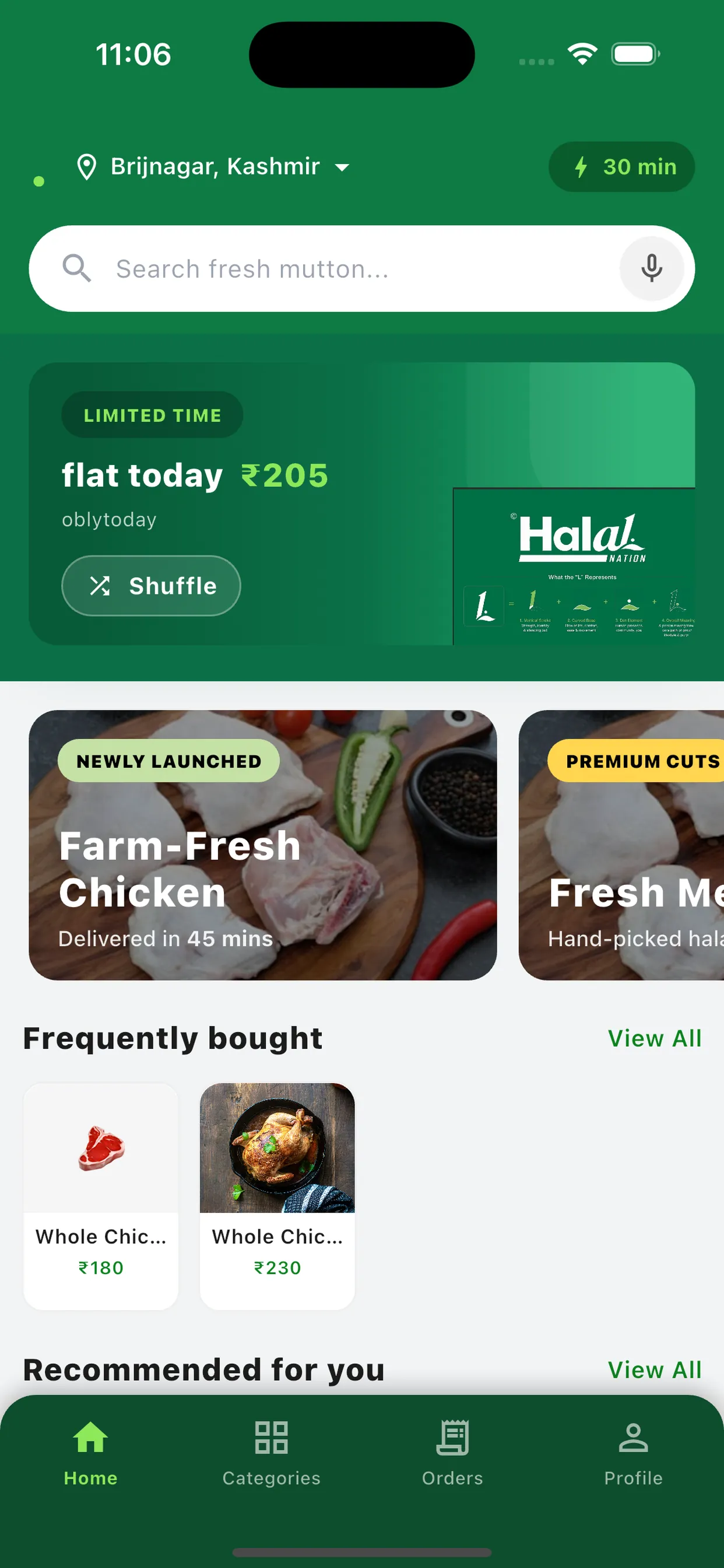 Halal Nation home screen: delivery location in Kashmir, a 30-minute delivery badge, product search, offers and frequently bought items.