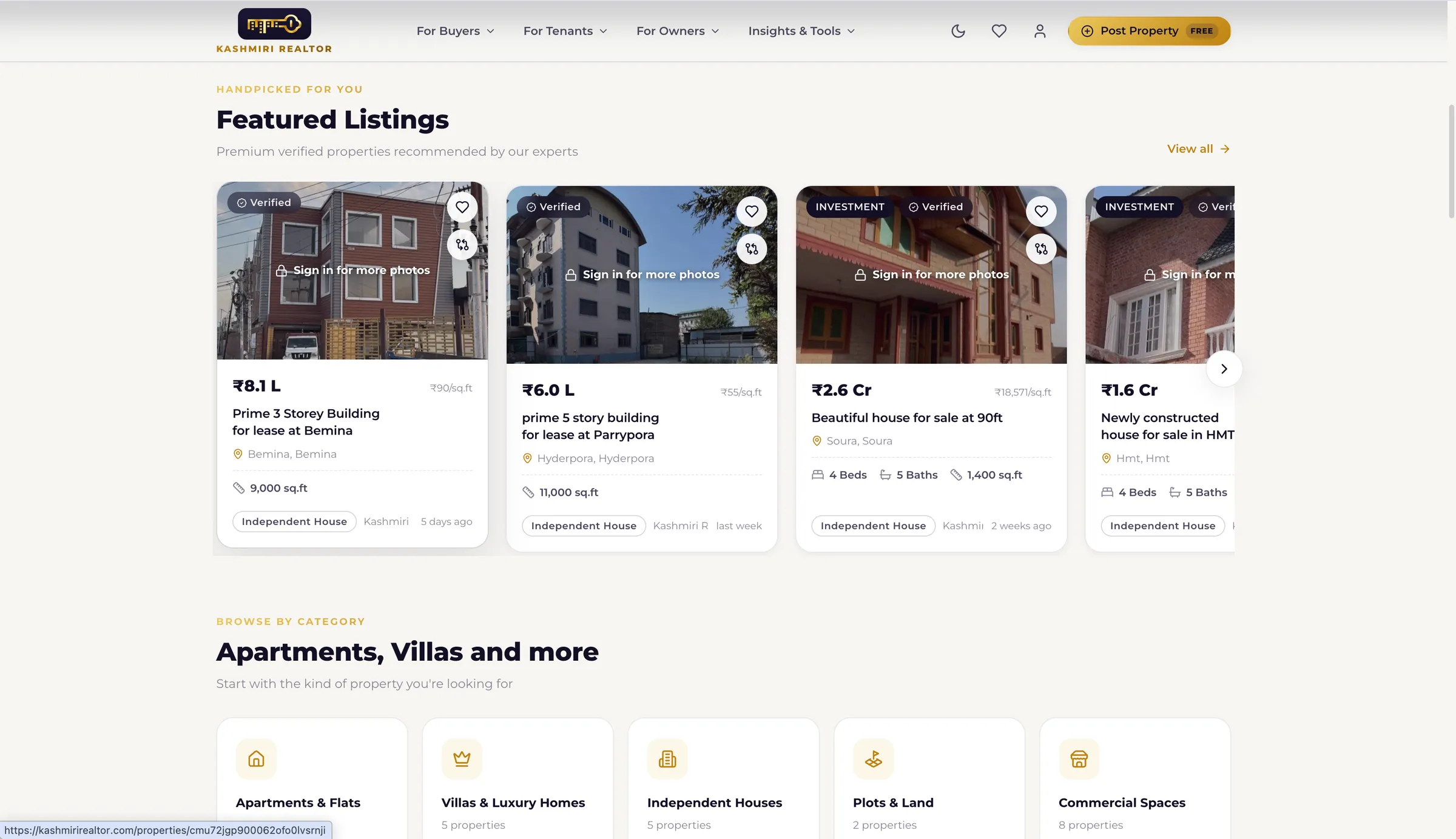 Featured listings carousel with verified badges, prices in lakh and crore, price per square foot, and property categories below.