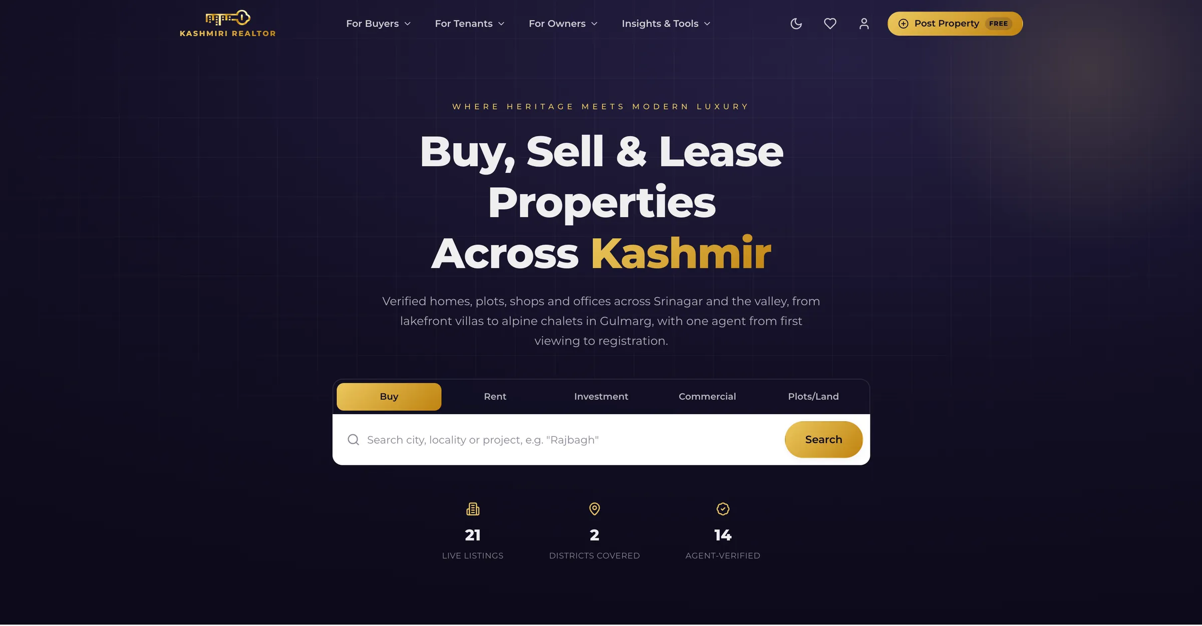 Kashmiri Realtor home page: 'Buy, Sell & Lease Properties Across Kashmir' with a search bar offering Buy, Rent, Investment, Commercial and Plots/Land tabs.