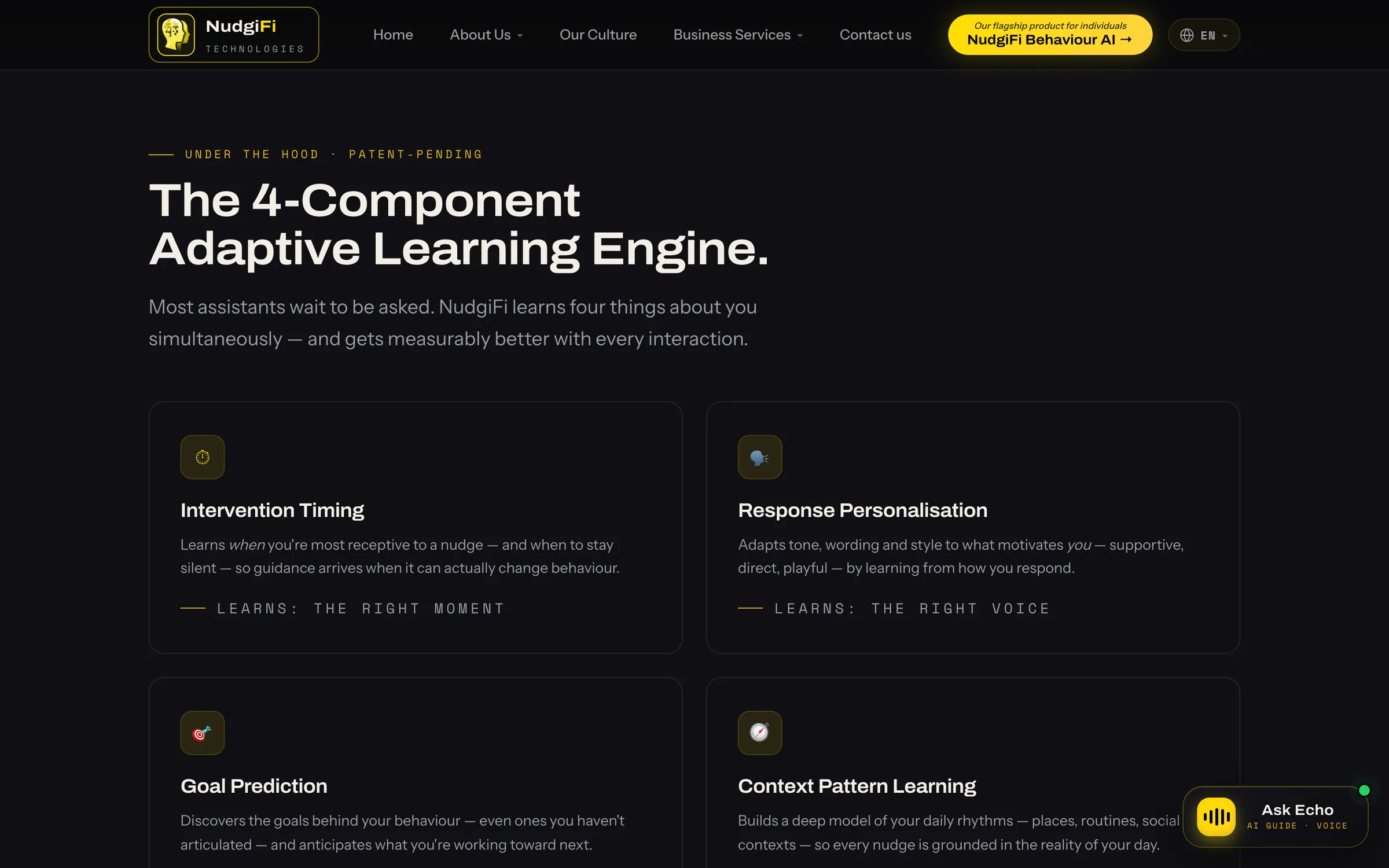 The four-component adaptive learning engine: intervention timing, response personalisation, goal prediction and context pattern learning.