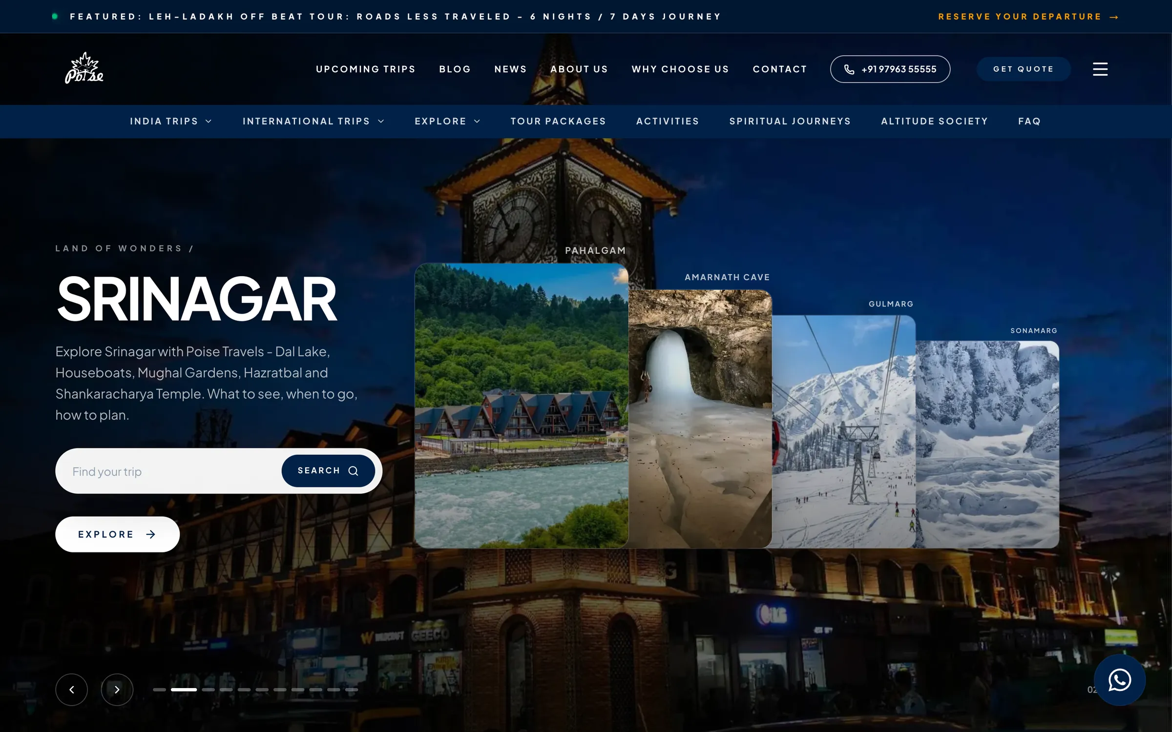 Poise Travels home page: a night photograph of Srinagar's clock tower with a destination carousel of Pahalgam, Amarnath Cave, Gulmarg and Sonamarg, and a trip search.
