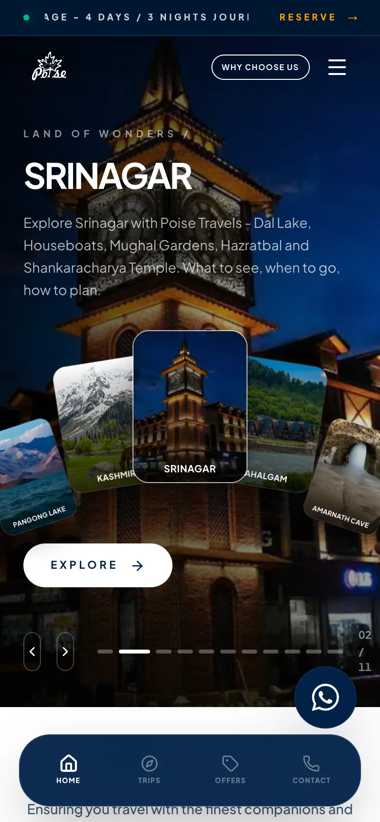 Poise Travels on a phone: Srinagar destination hero with a card carousel and a bottom navigation bar.